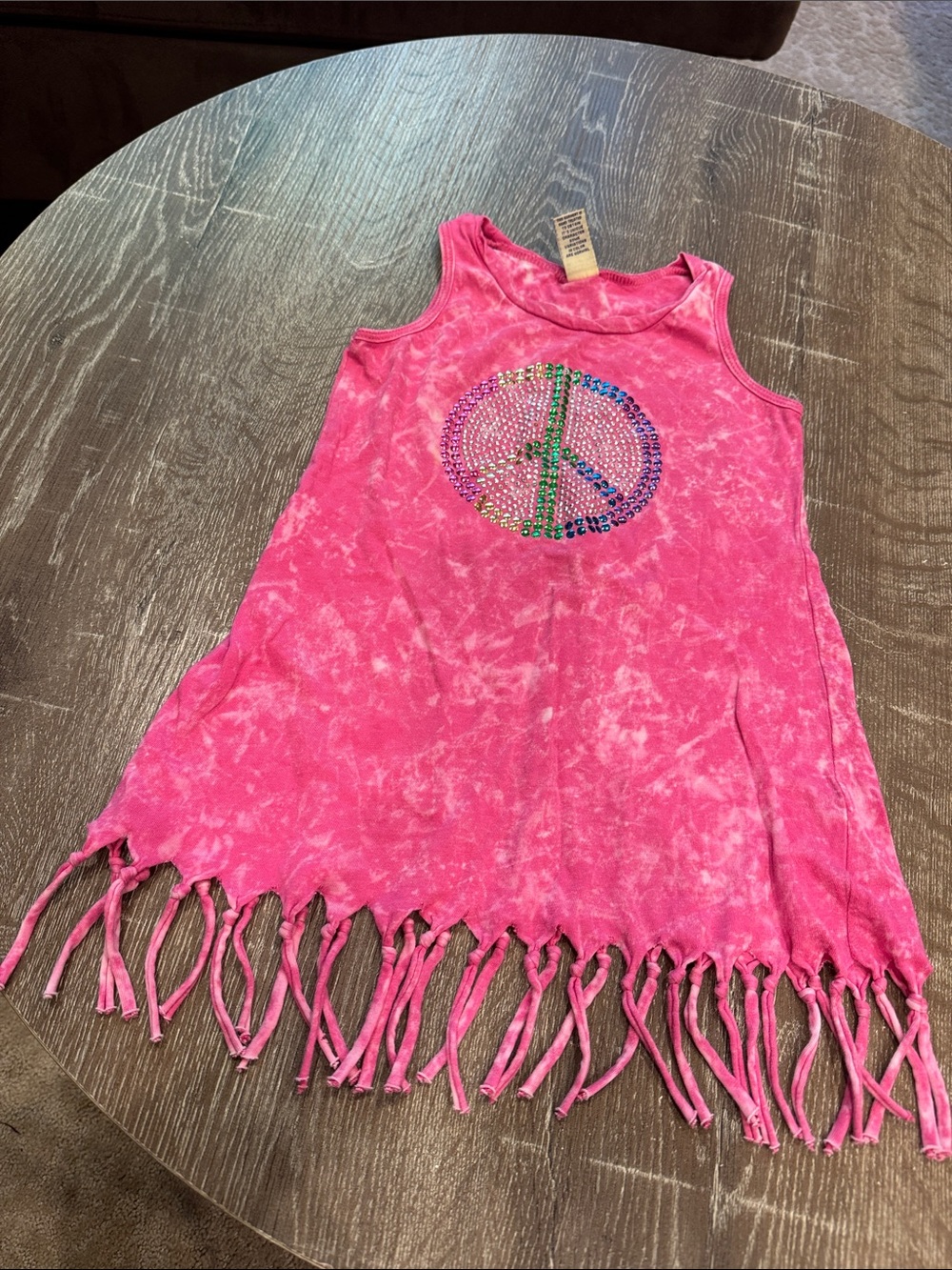 Girls Pink Tie-Dye Fringe Tank with Rhinestone Peace Sign